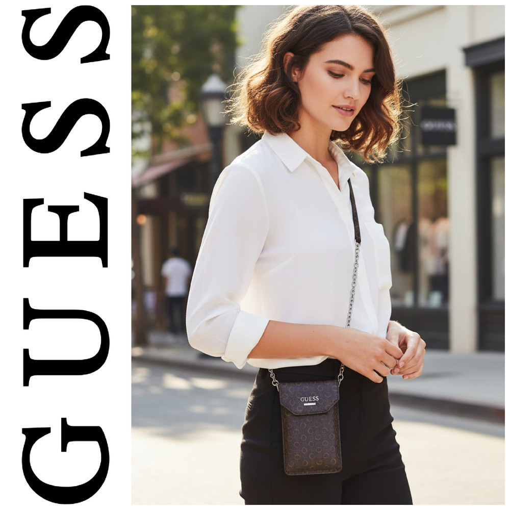 Vintage Y2K Guess GG Brown Vegan Saffiano Leather Crossbody Wallet on Chain